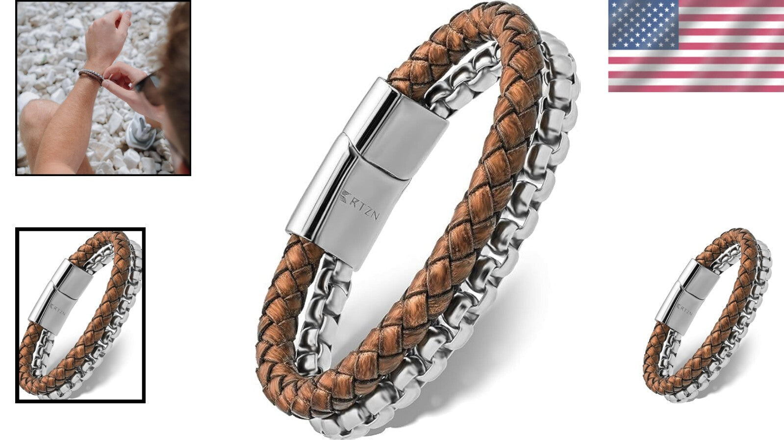 Artisan Handcrafted Brown Leather Bracelet with Silver Chain – Medium Size