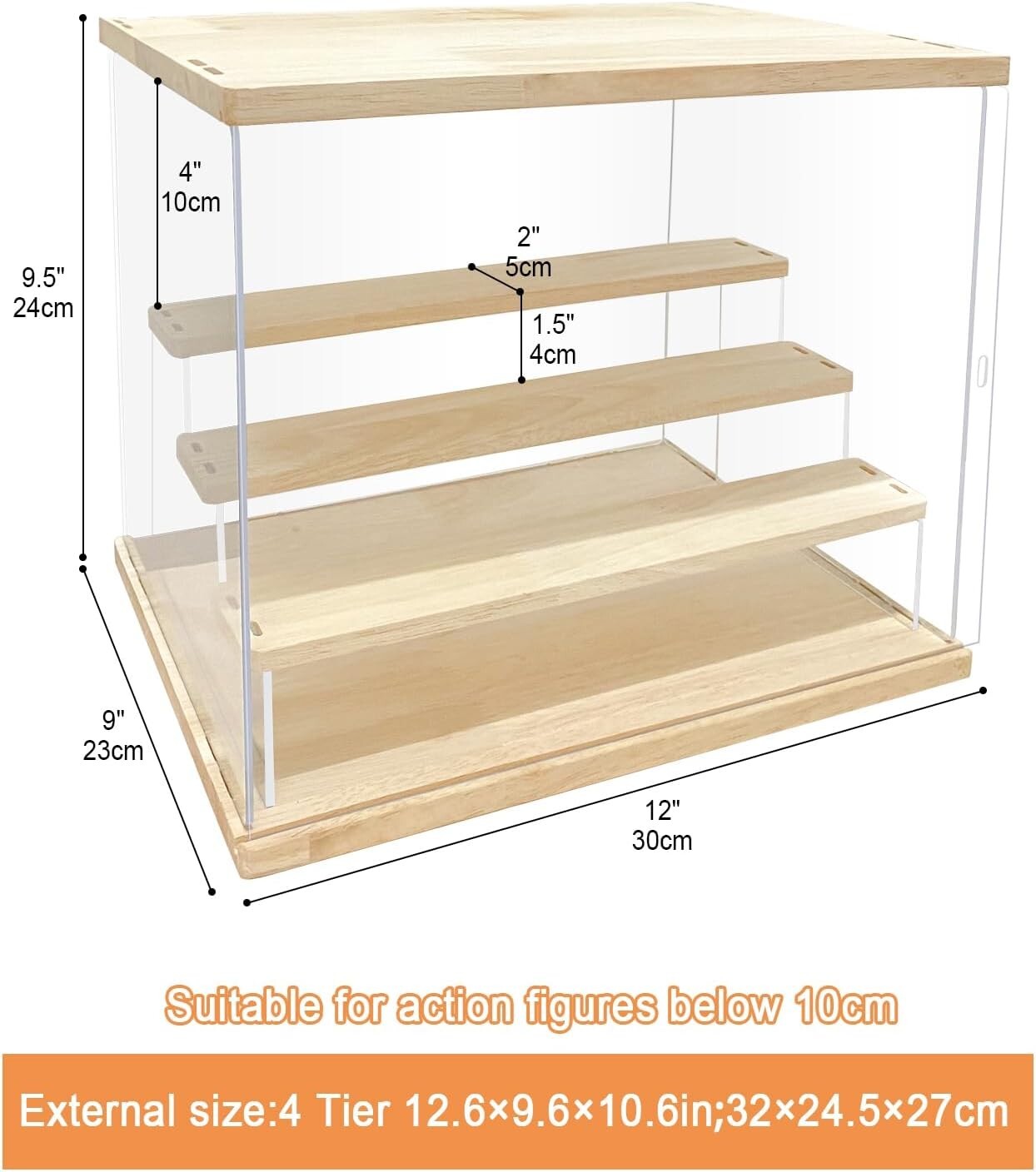Dustproof 12.6 x 9.6 x 10.6 Acrylic Display Stand with 4 Tiers and Sliding Doors
