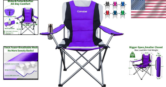 Extra Large Folding Camping Chair - 400lbs Support - Lightweight Purple Design