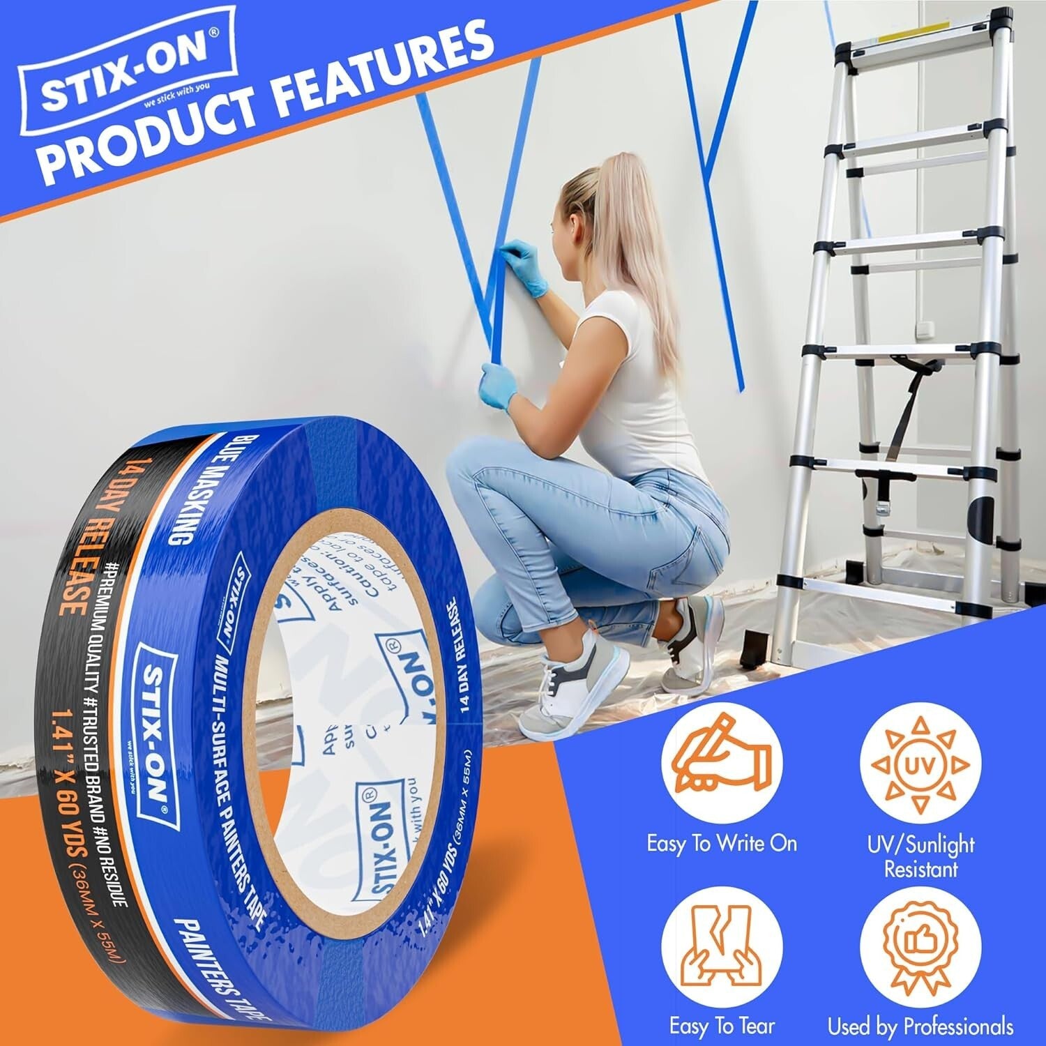 1.5 Inch Blue Painters Tape - 24 Rolls, Residue-Free for Perfect Paint Lines