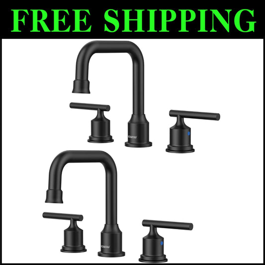Matte Black 3-Hole Widespread Bathroom Faucet with 360 Swivel Spout - 2 Sets