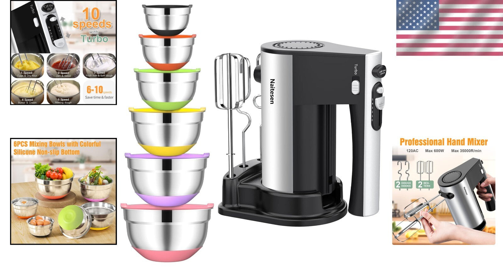600W Electric Hand Mixer & 6 Stainless Steel Nesting Bowls with Colorful Lids