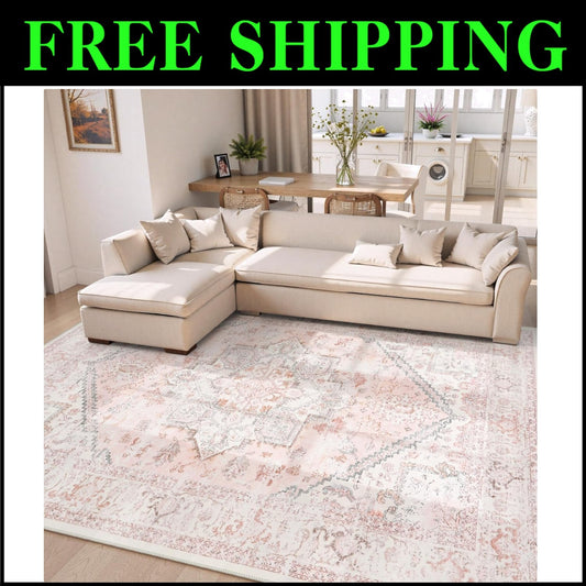 Beautiful Pink Medallion Area Rug 8x10 - Bohemian Floral Carpet for Indoor Use