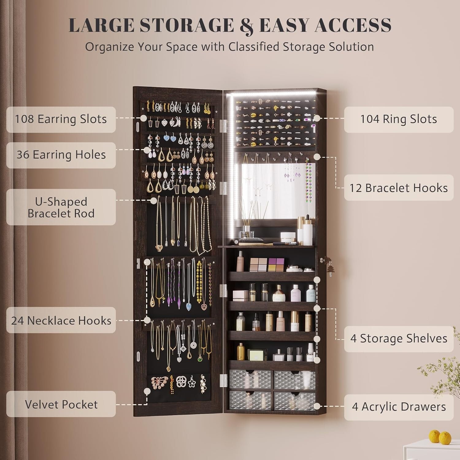 Modern 47.2" Jewelry Storage Cabinet with Full-Length Mirror & Built-in Lighting