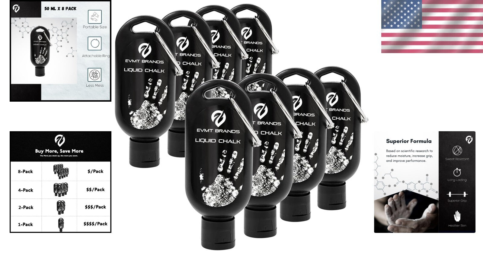 Versatile Liquid Chalk for Rock Climbing & Fitness - 8 x 50ml Squeeze Bottles