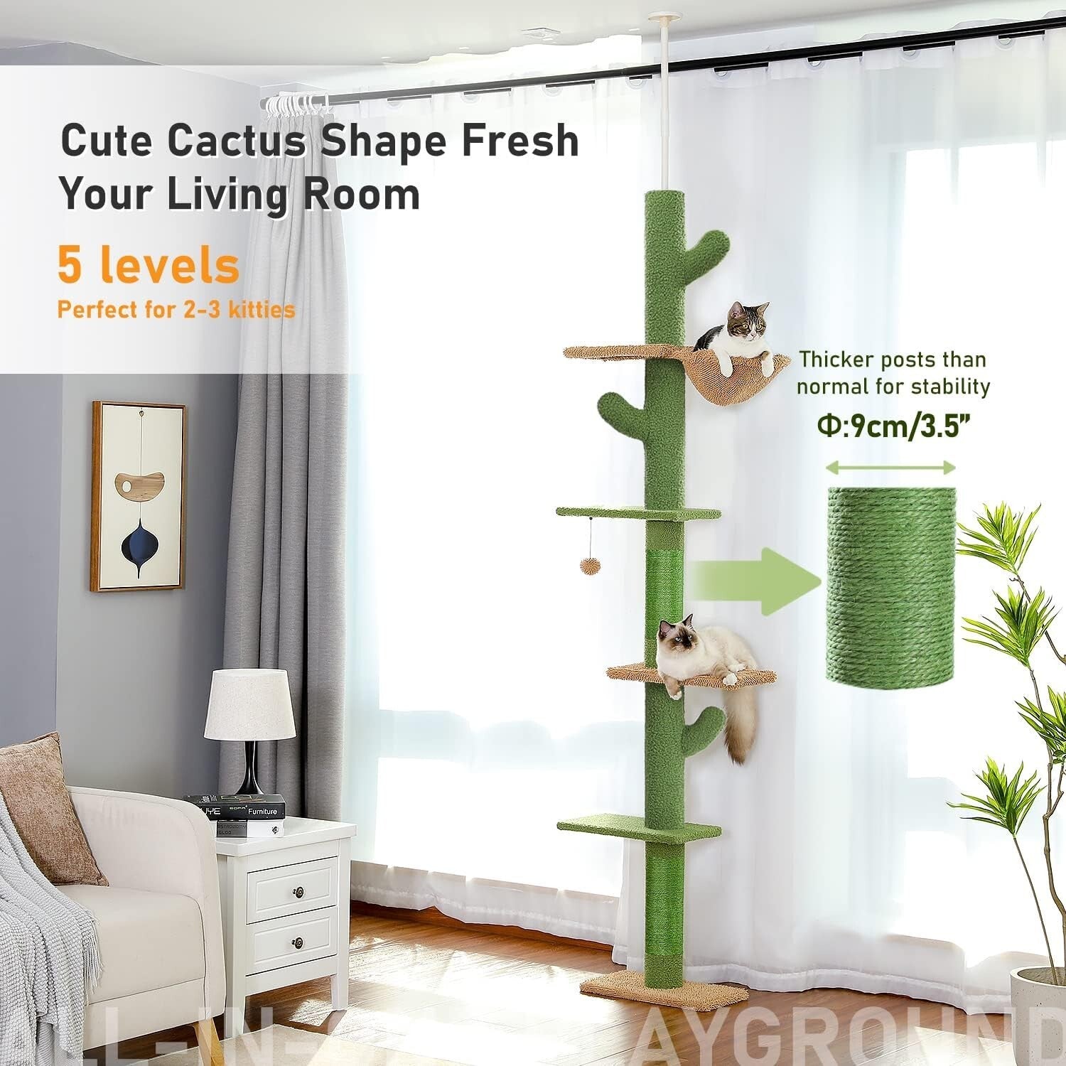 Floor to Ceiling Cat Tree - Cactus Design with Hammock & Scratching Posts