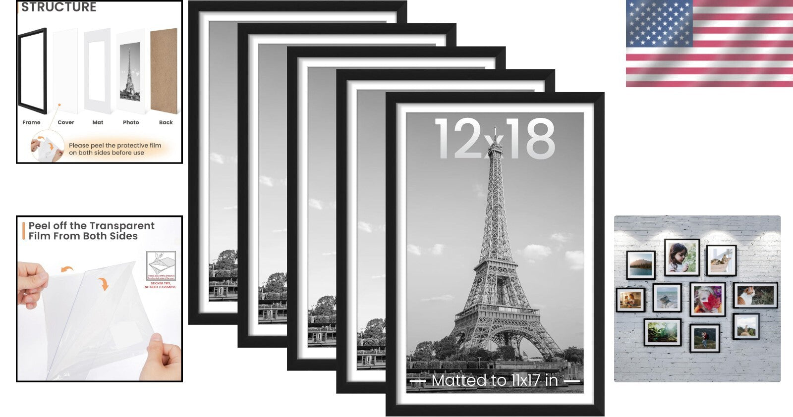 Elegant Black Picture Frame Set of 5 - 12x18 or 11x17 with Mat, Perfect Gift