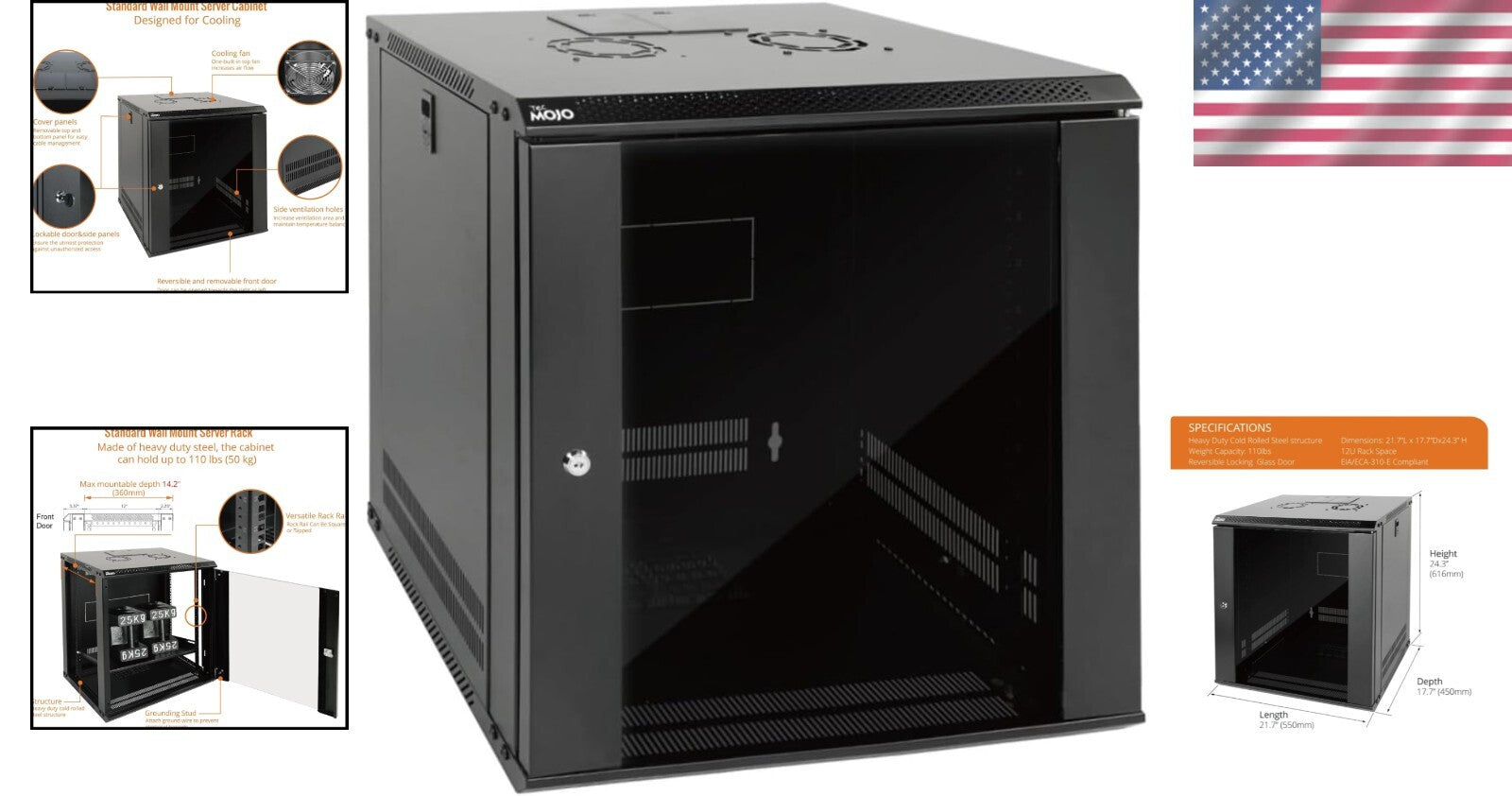 Versatile 12U Wall Mount Server Cabinet with Cooling Fan - Ideal for A/V Devices