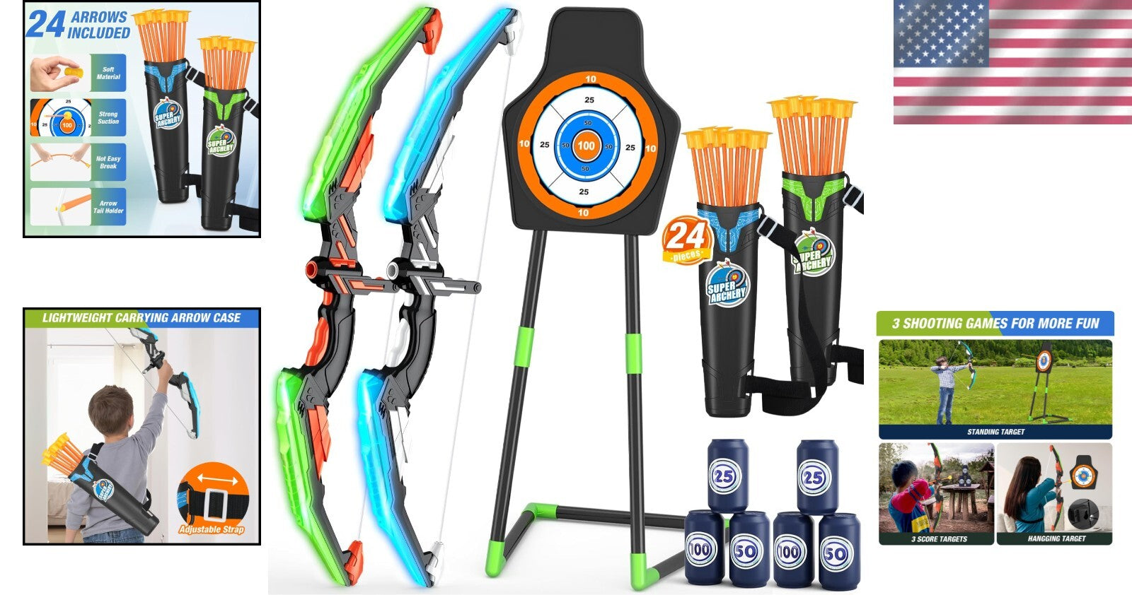 Fun and Safe LED Light Bow and Arrow Set - 2 Packs for Ages 4-8 with Targets