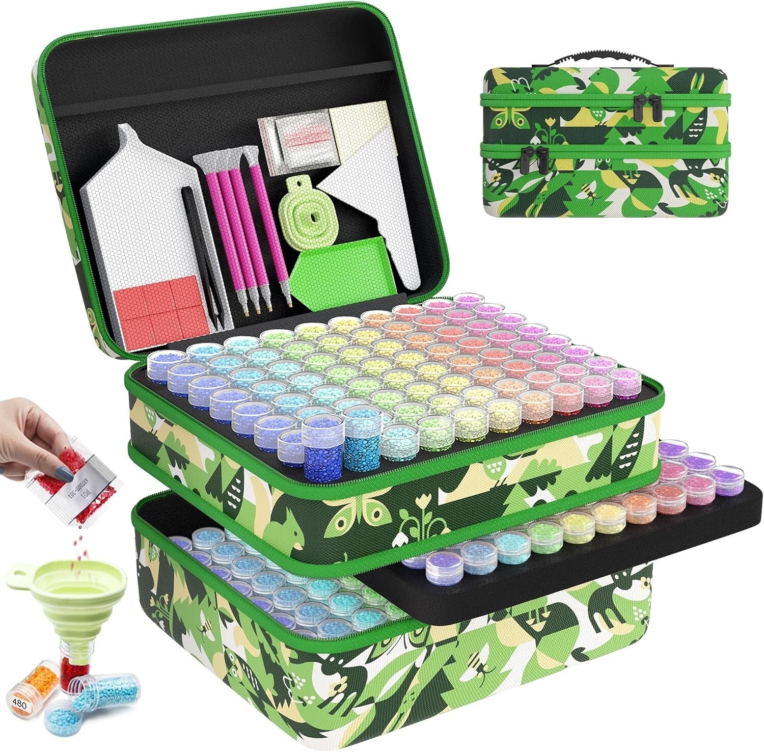 Elegant Green Diamond Painting Storage with 240 Jars - Zipper Closure for Safety