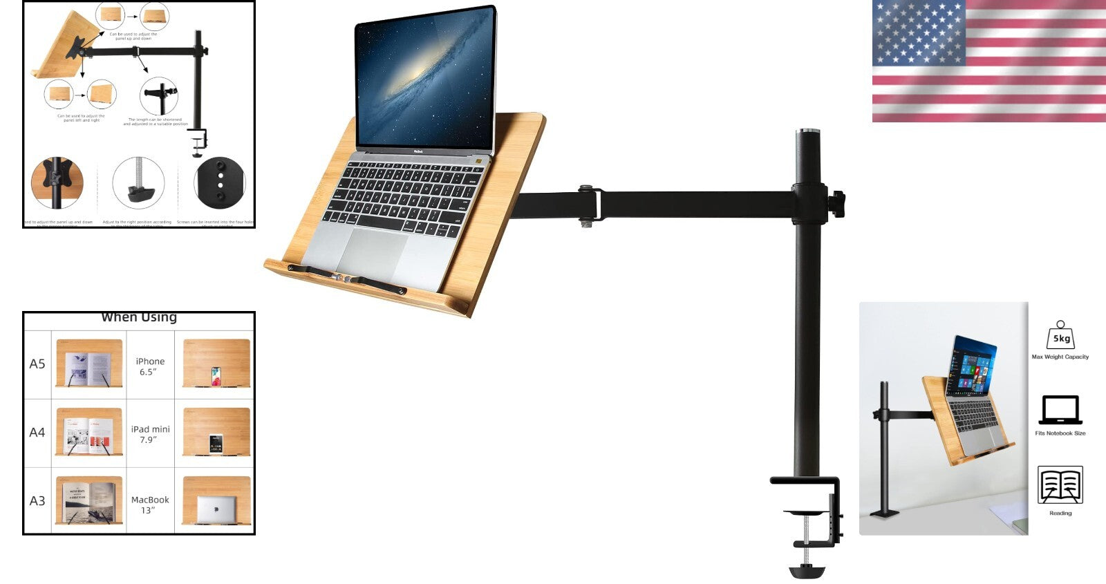 Ergonomic Desktop Book Holder - XL Bamboo Clamp Stand for Cooking and Study