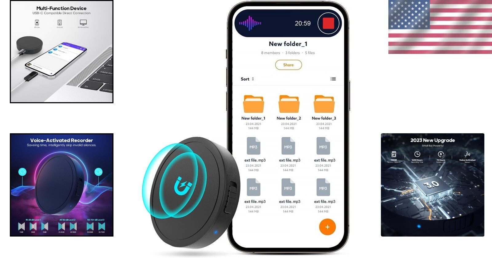 128GB Magnetic Voice Activated Recorder - 1600 Hours of HD Sound Recording
