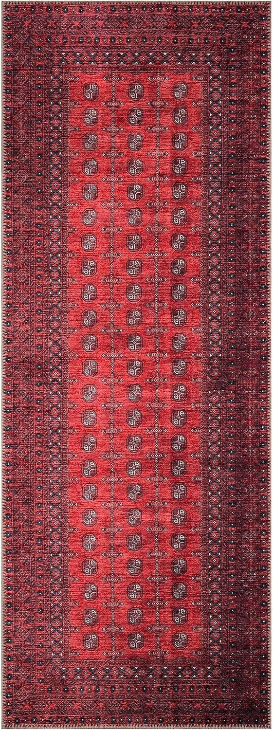 Durable Machine Washable Rug 2x10 - Red Geometric Pattern for High Traffic Areas