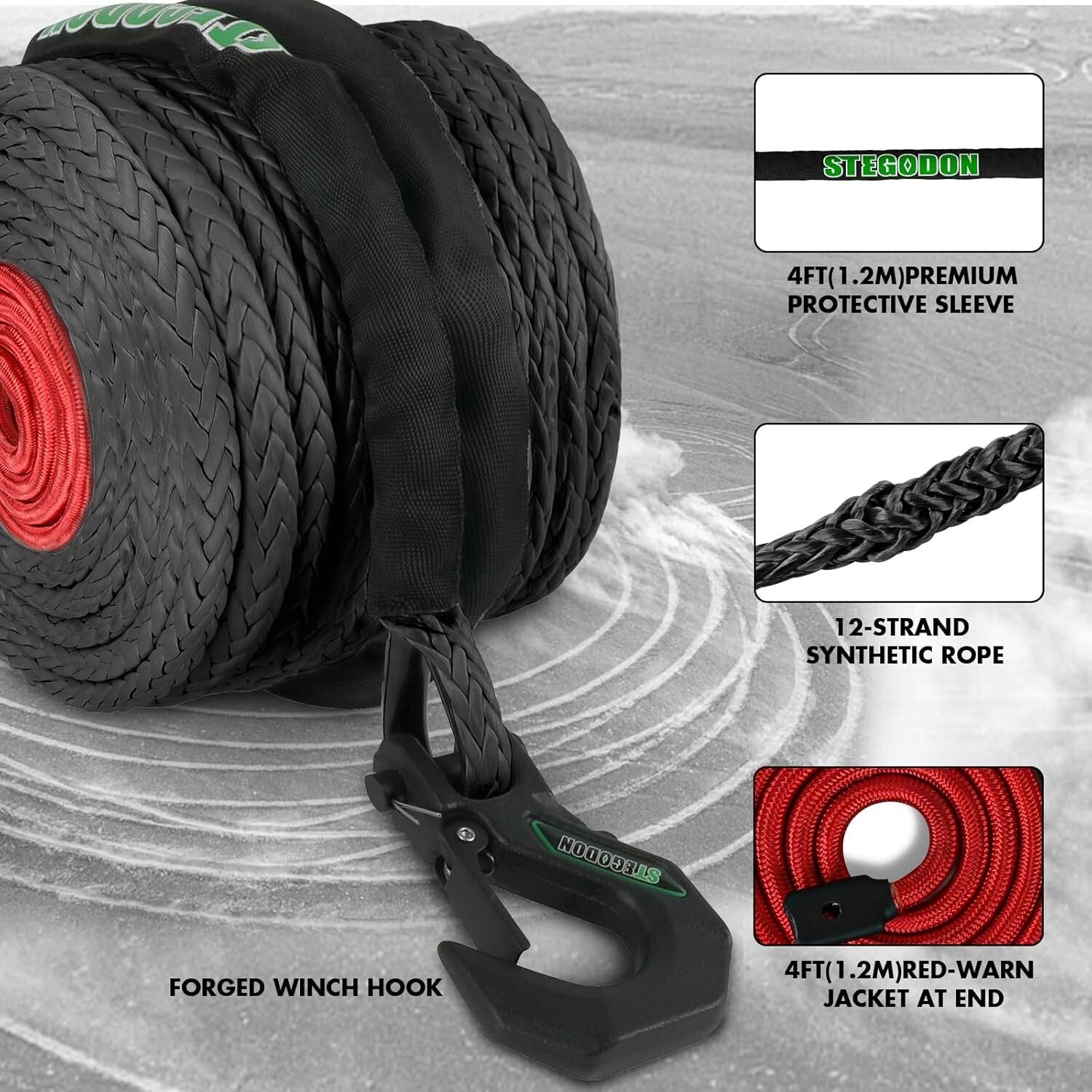 1/2" x 85 ft Synthetic Winch Line Kit - 32000lbs with Soft Shackles & Hook