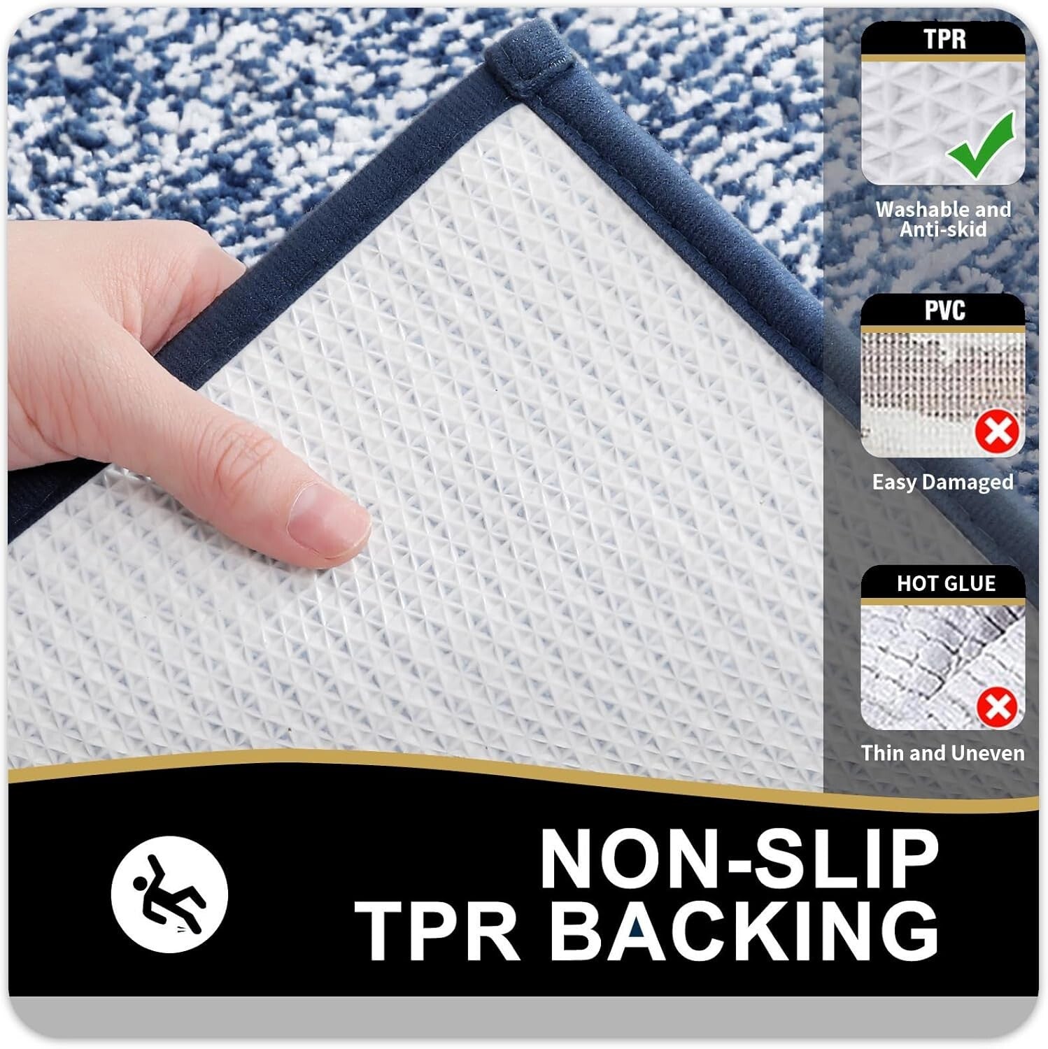 Extra Absorbent Navy Bath Mat 44x24 - Fluffy & Non-Slip Design for Safety