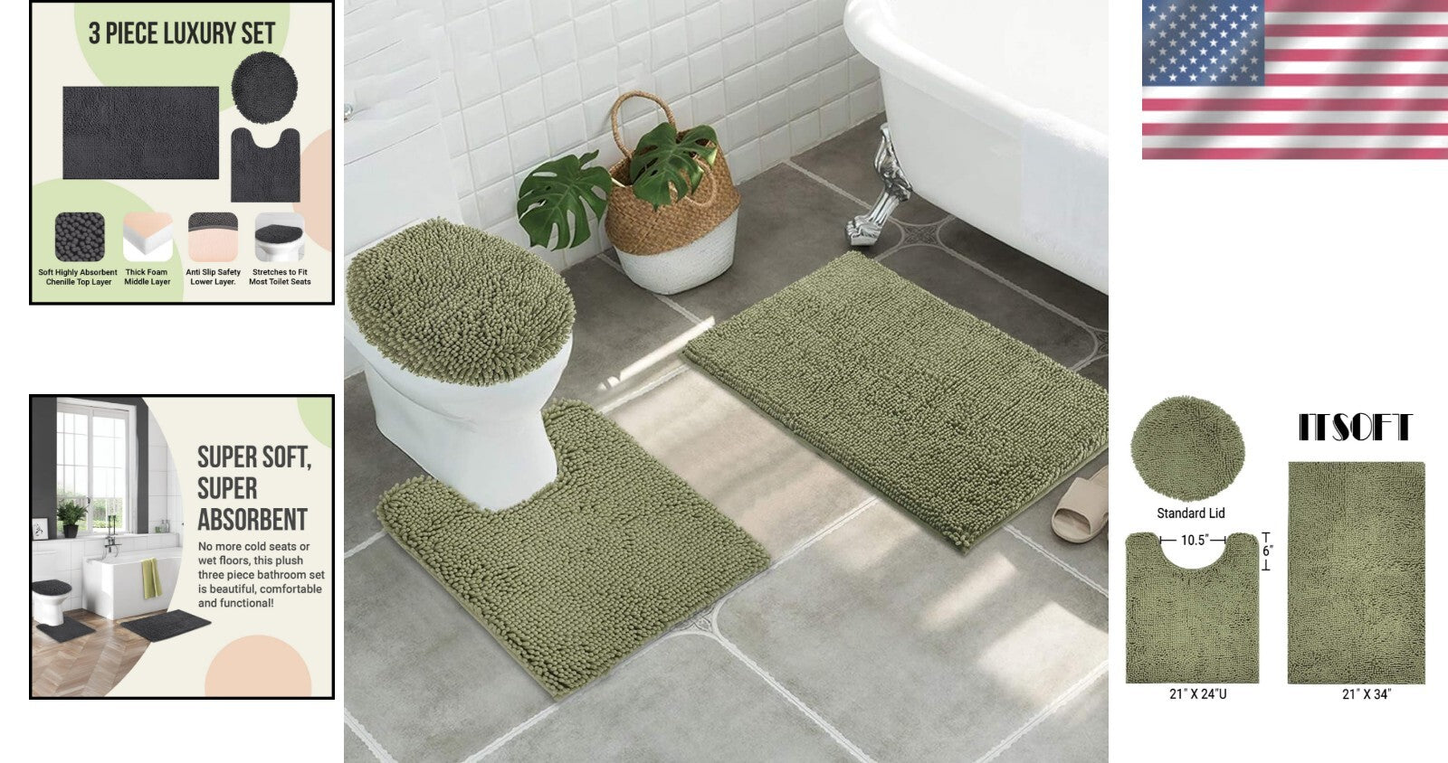 Elegant Sage Green 3-Piece Bath Mat Set with Non-Slip Design and Washable Fabric