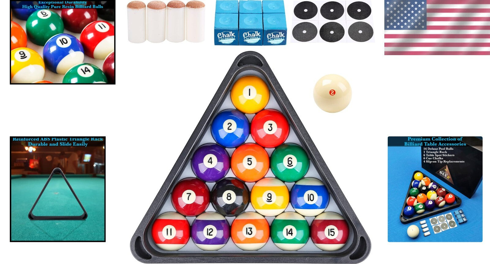 High Gloss Resin Billiard Balls with Durable Triangle Rack & Cue Chalks