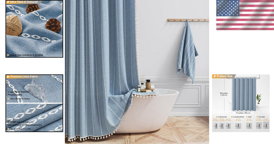 72x84 Bohemian Farmhouse Shower Curtain with Tassel Detail - Blue Elegance