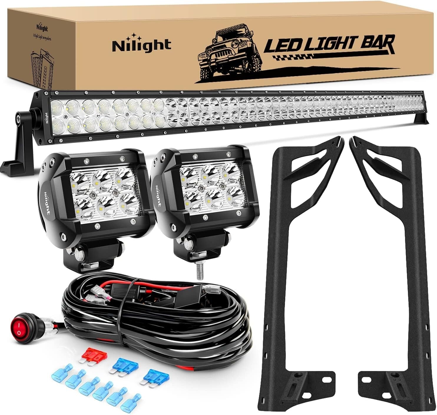 Bright 52-Inch LED Light Bar with 2 Pods & Mounting Bracket for Jeep JK Owners