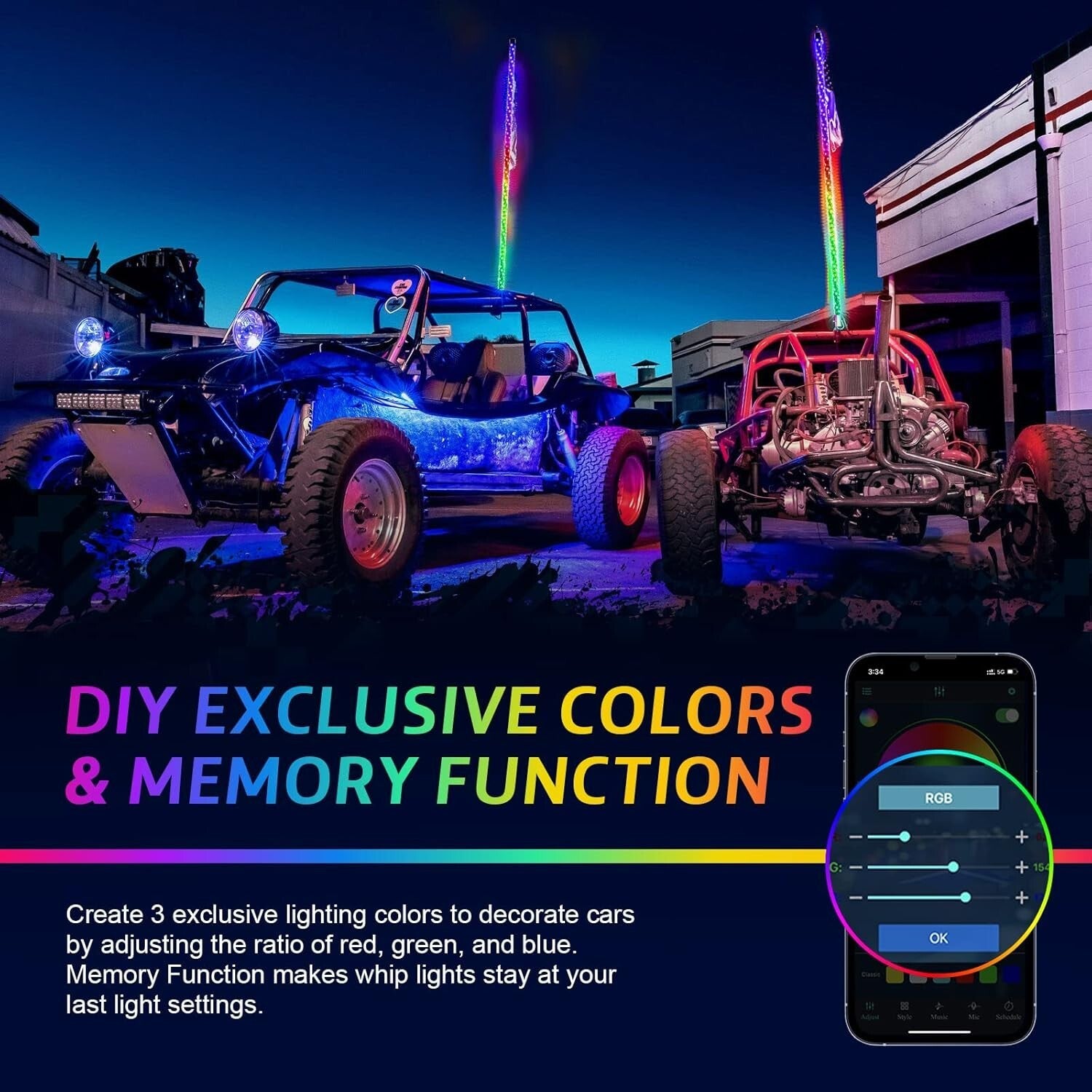 2 Pack 3FT RGB LED Whip Lights with App & Remote Control - Waterproof & Durable