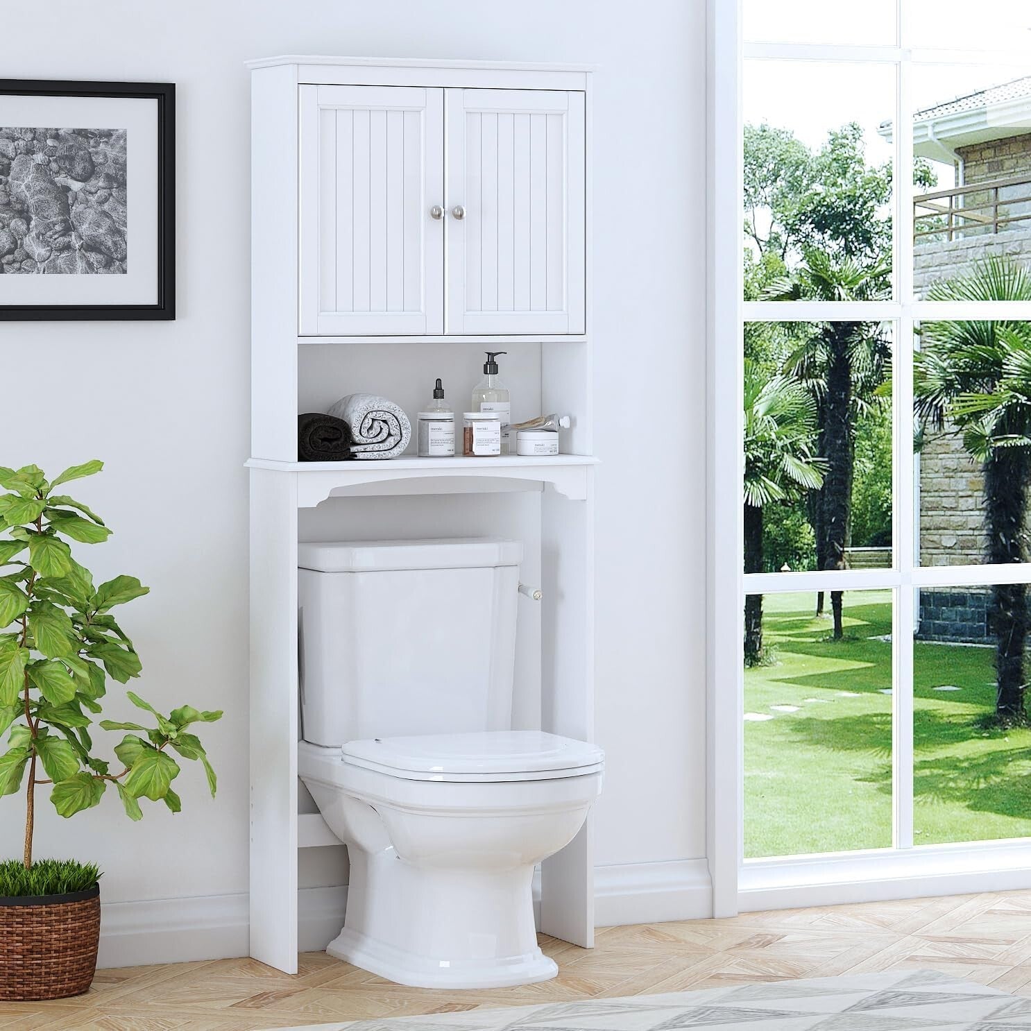 Compact White Bathroom Shelf - Adjustable Over Toilet Cabinet Storage Solution