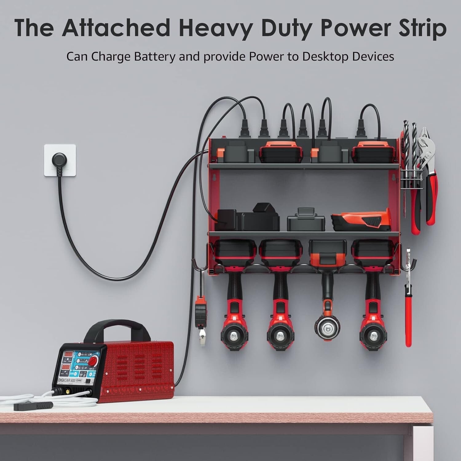 8 Outlet Charging Rack with Modular Wall Storage for Power Tools and Accessories