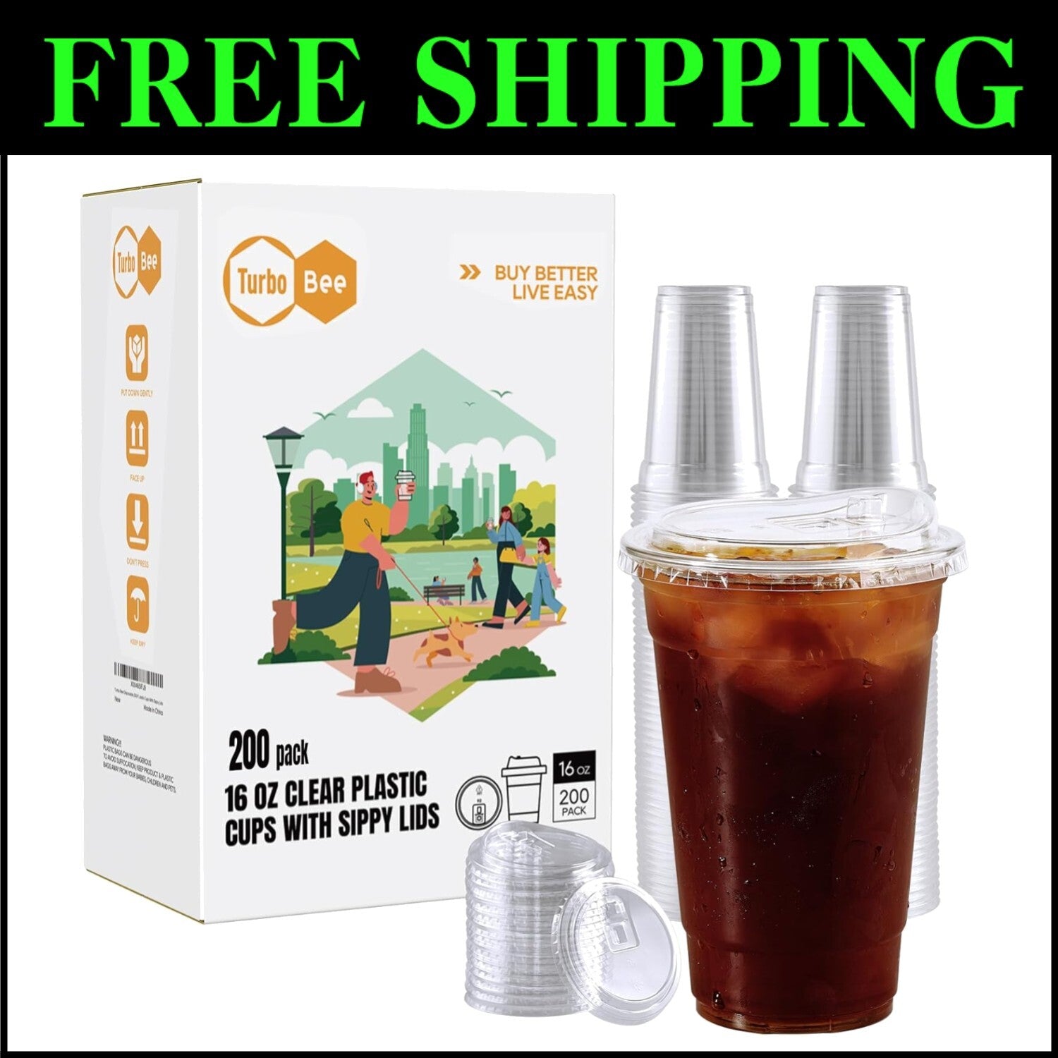 200 Sets of 16 oz Clear Plastic Cups with Strawless Lids - Leak-Proof Design