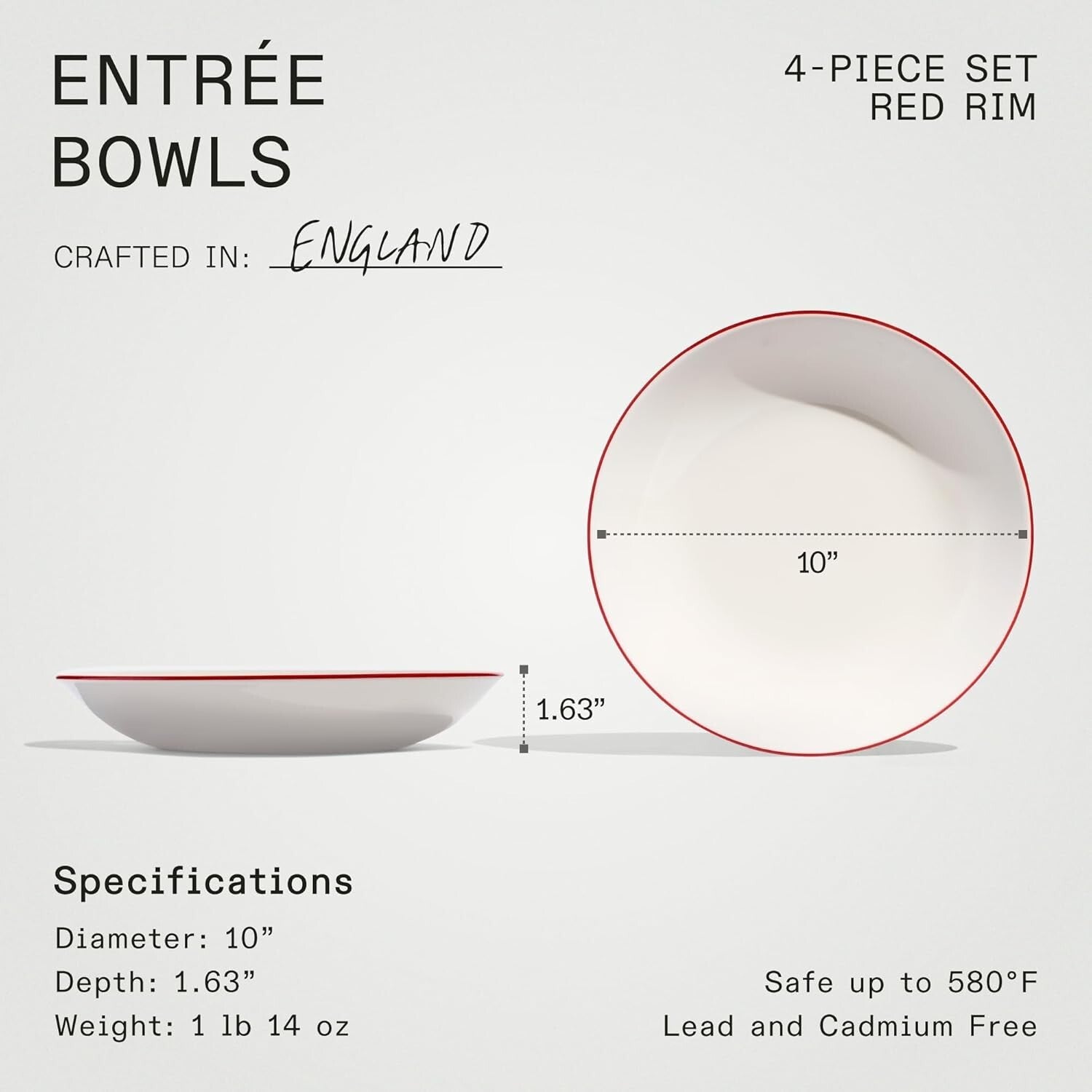 Elegant White and Red Rim Entrée Bowls - 10-Inch, Dishwasher and Microwave Safe