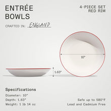 Load image into Gallery viewer, Elegant White and Red Rim Entrée Bowls - 10-Inch, Dishwasher and Microwave Safe