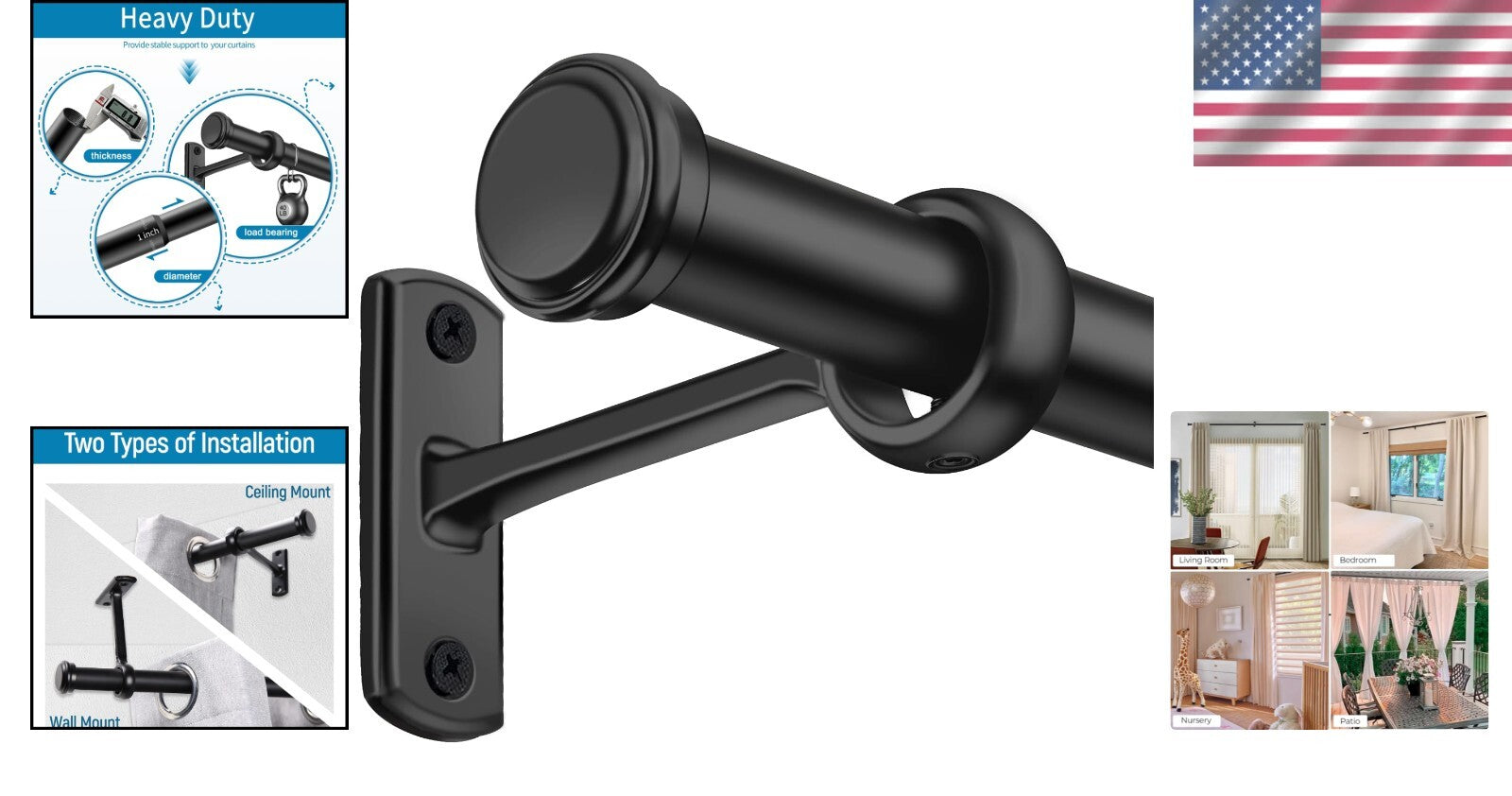 Adjustable 1-Inch Blackout Curtain Rods for Indoor and Outdoor Windows, 48-86"