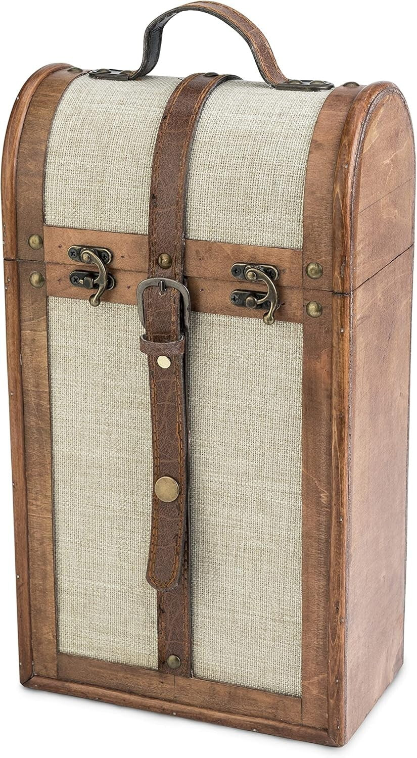 Customizable Vintage Trunk Wine Gift Box with Brass Buckles - Holds 2 Bottles