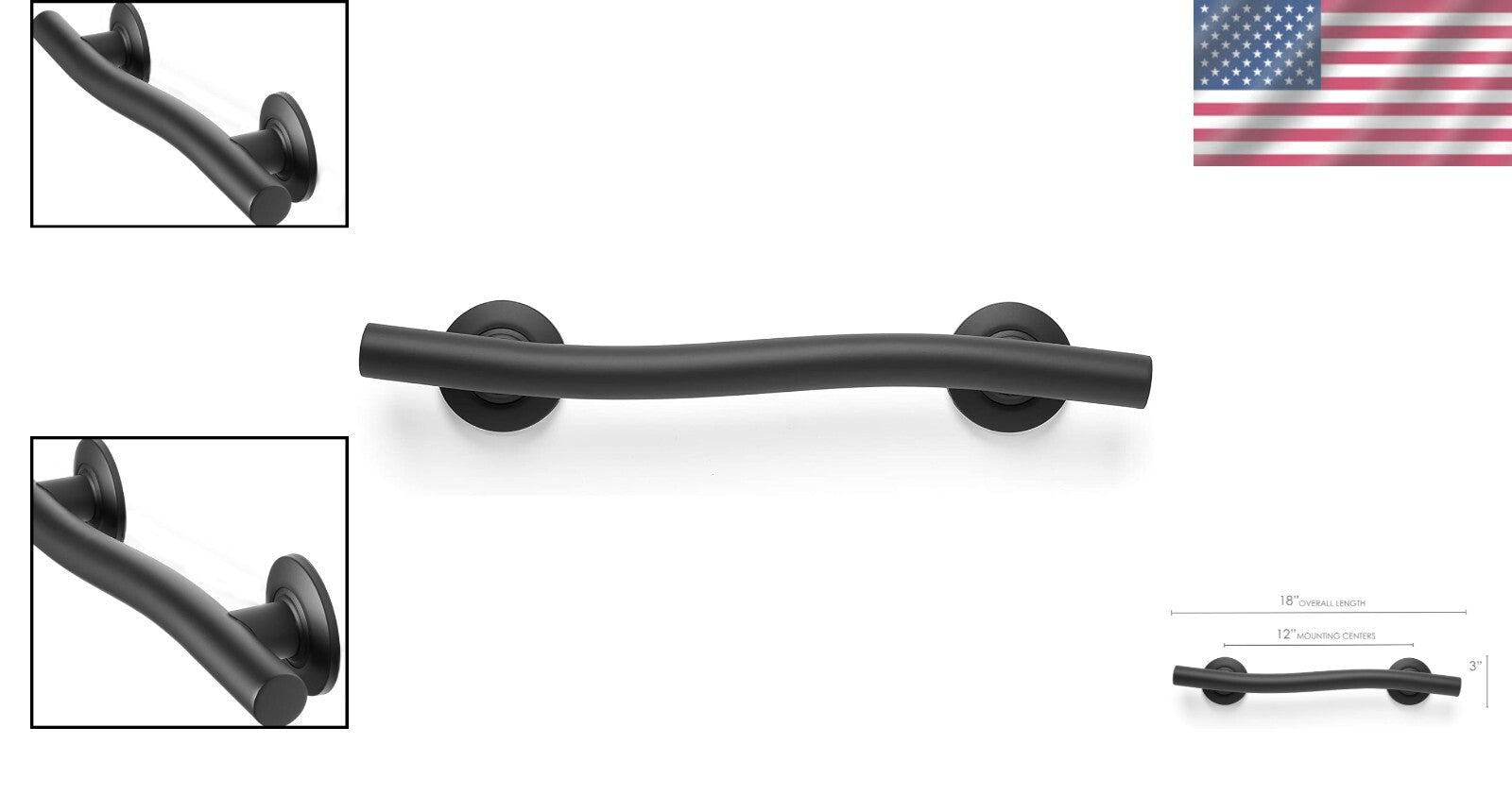 18'' ADA Compliant Wave-Shaped Grab Bar in Matte Black - 500 lbs Support