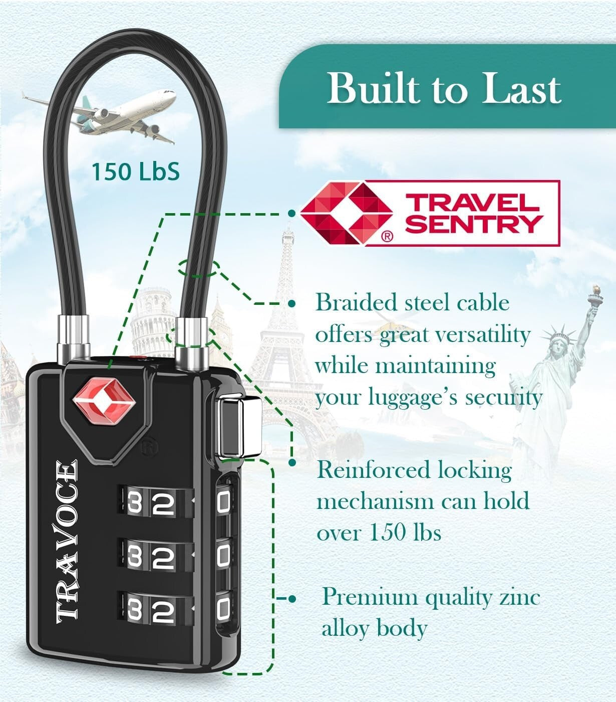 Effortless Combination Setting TSA Approved Cable Locks for Suitcase – 2 Pack