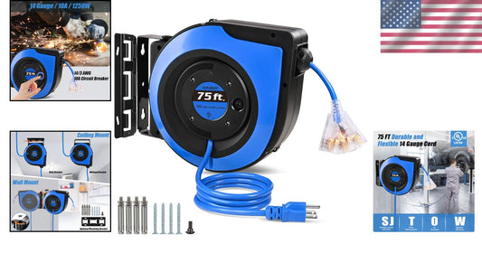 Heavy-Duty 75 FT Retractable Power Cord Reel - Wall/Ceiling Mount & UL Listed