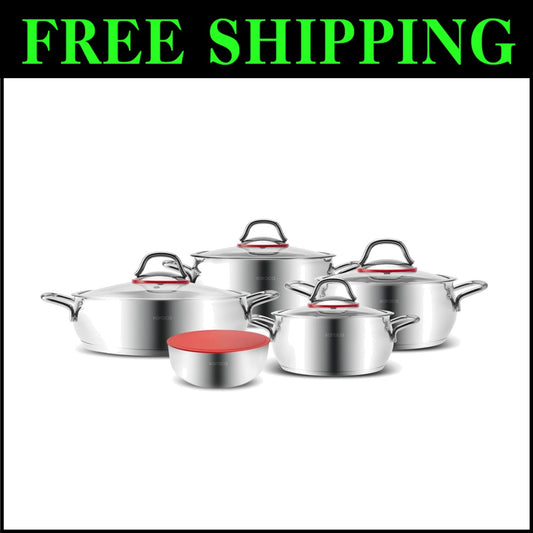 Durable 10-Piece Stainless Steel Cookware Set - Pot, Deep Pot, Casserole & More