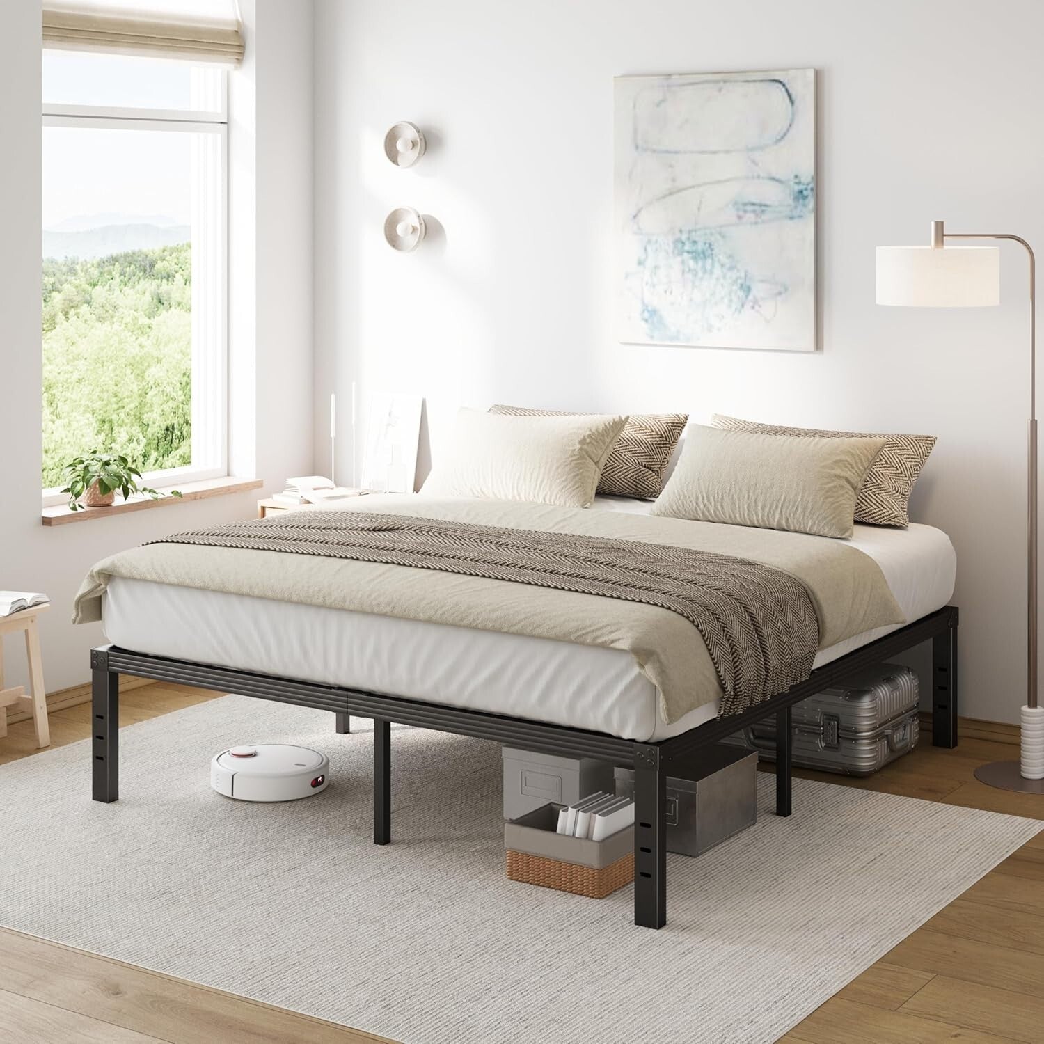 Durable King Metal Bed Frame: 16" Tall with Under-Bed Storage & No Box Spring