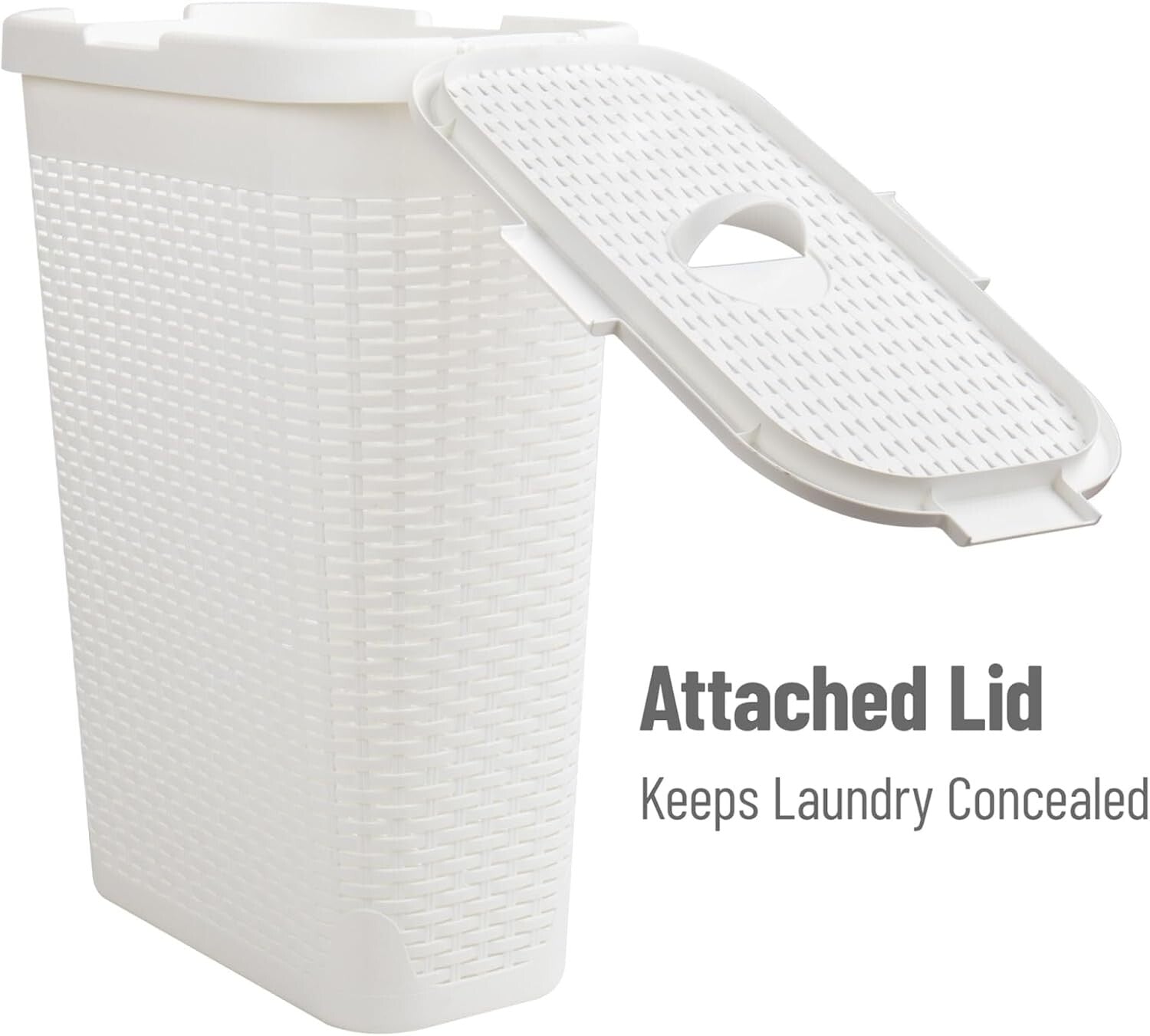Chic Space-Saving 40L Wicker Laundry Basket with Ventilated Lid - White Plastic