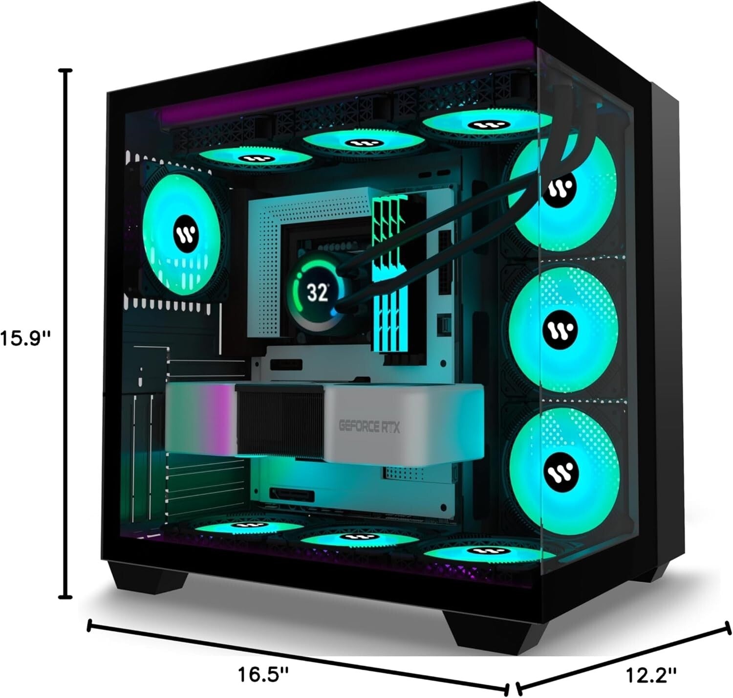 Efficient Mid-Tower Gaming Case: 9 ARGB Fans, Dual Glass, 360mm Radiator Support