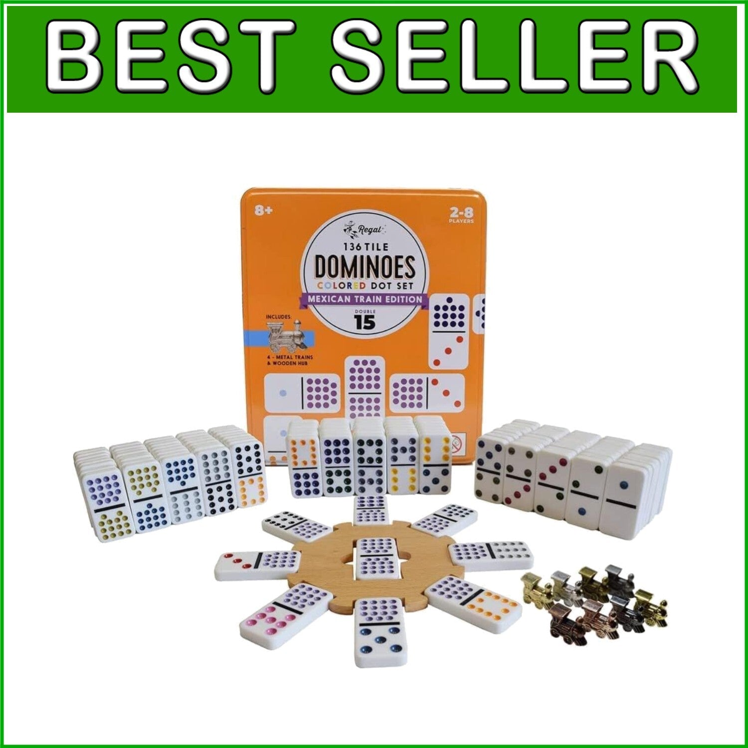 Ideal Gift: Mexican Train Double 15 Dominoes Set with Metal Trains - 2-8 Players