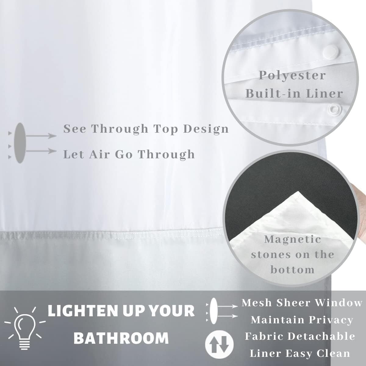 Elegant Gradient Grey Waterproof Shower Curtain with Snap Liner - 71" W x 74" L