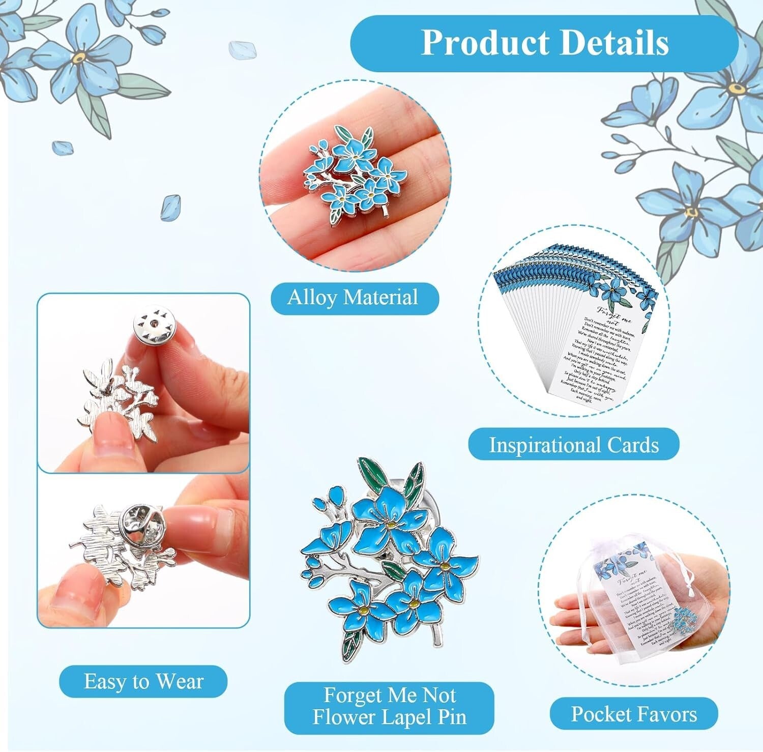 Forget Me Not Memorial Brooches: 90 Sets of Elegant Pins & Thank You Cards