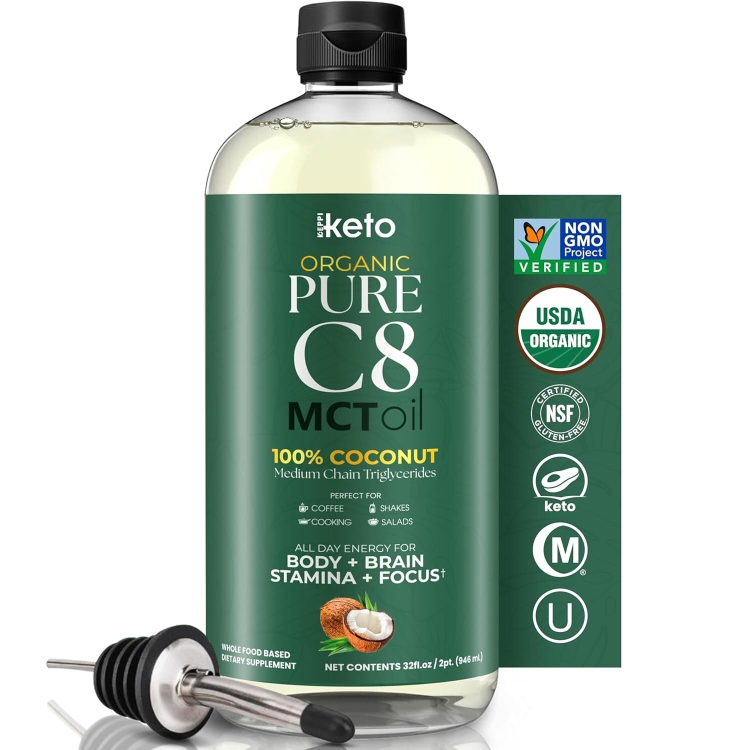 32 Oz Pure Coconut MCT Oil - Keto-Friendly, Palm Oil Free, Clean Fat Source