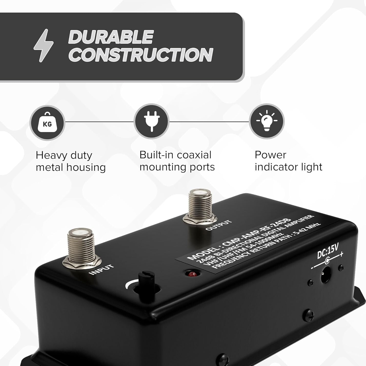 Compact 24 dB TV Signal Amplifier with Heavy Duty Metal Housing - Versatile Use