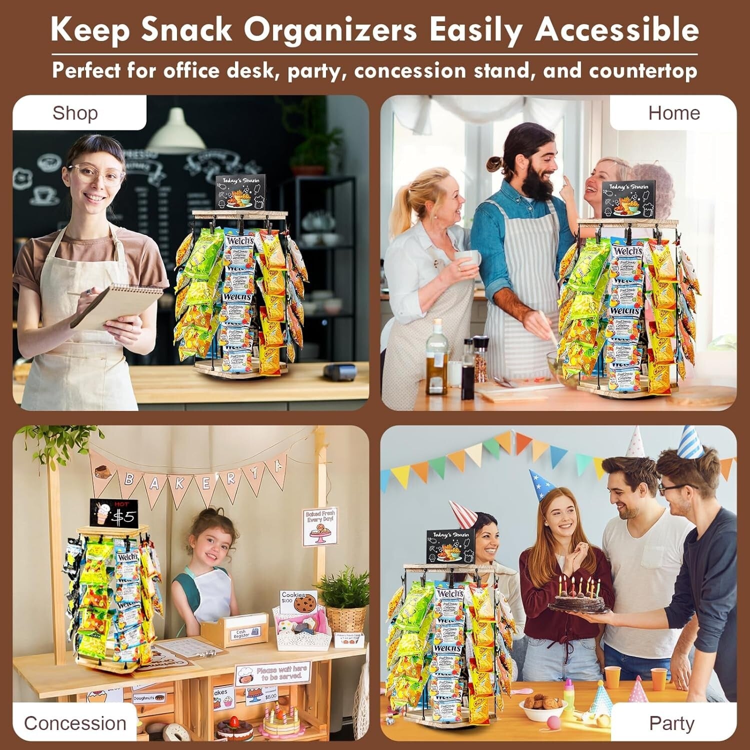 Stylish Wooden Chip Display Rack with 40 Clips and Message Board - 360° Access