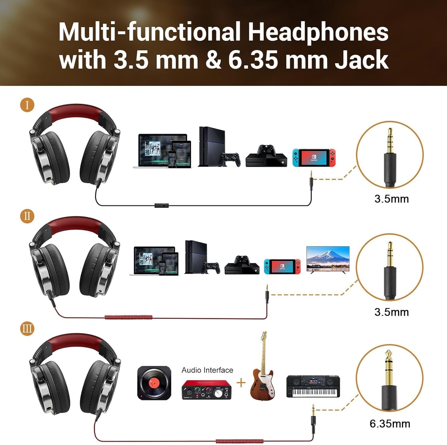 Dynamic Bass Over-Ear Studio Headphones with 50mm Drivers & Dual Jacks - Red