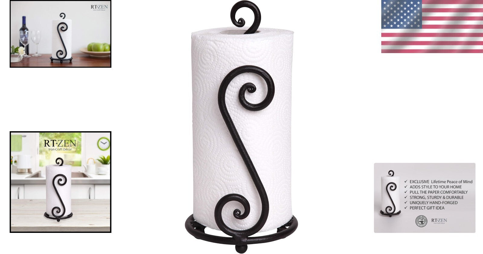 Decorative Black Wrought Iron Paper Towel Stand - Space-Saving Kitchen Accessory