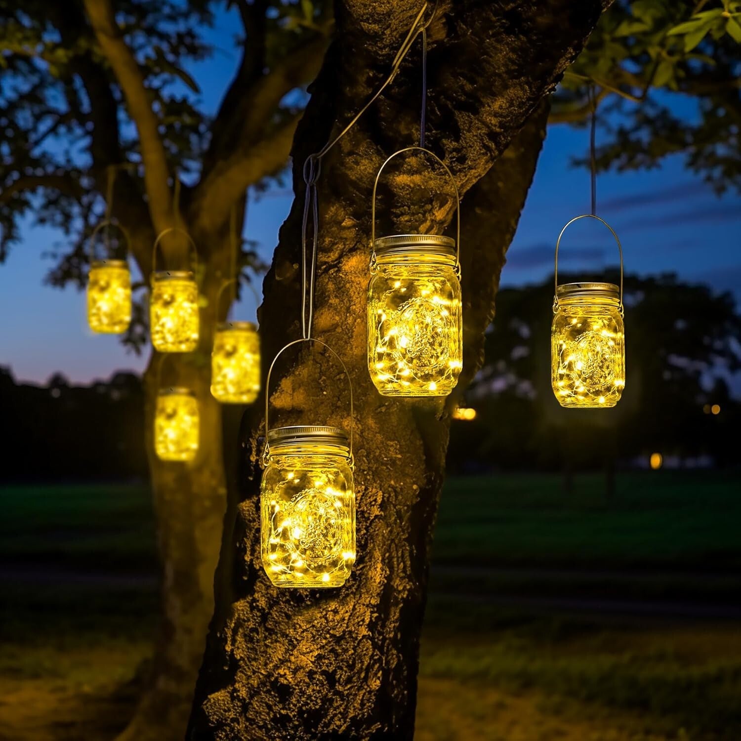 Hanging Solar Lanterns - 30 LED Fairy Lights in Waterproof Mason Jars, 12-Pack
