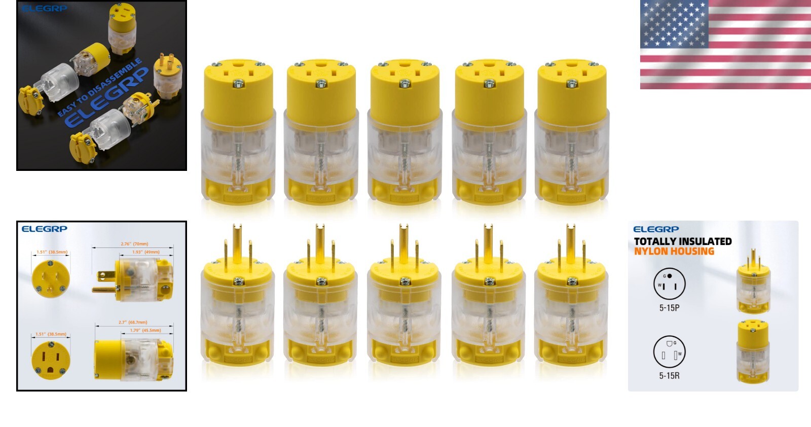NEMA 5-15P/R Lighted Plug Set - Durable 15 Amp Connector for Power Applications