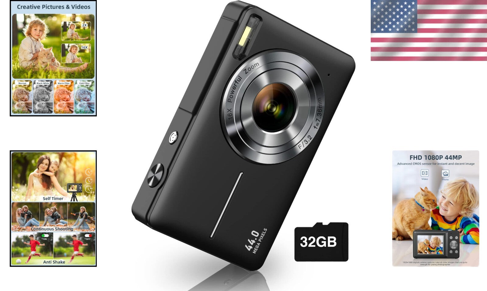 Compact 16X Zoom Digital Camera for Kids - Includes 32GB Card and Two Batteries