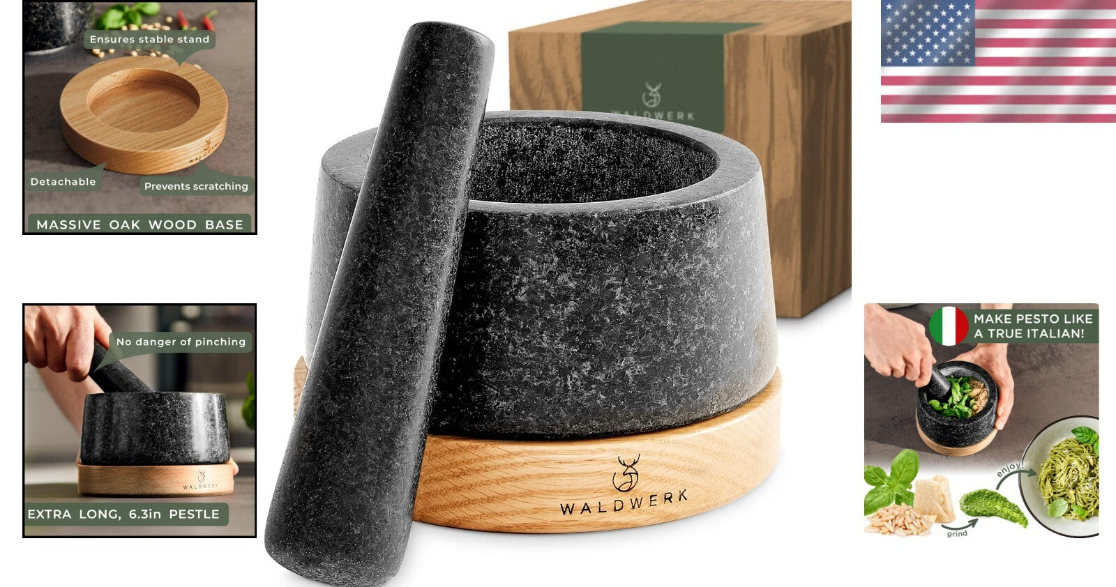 Elegant Granite Mortar & Pestle with Anti-Scratch Oak Base - Extra Large Size